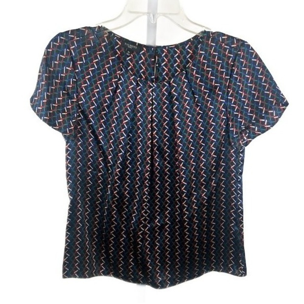 Talbots Blouse Women's Size 6P Petite 100% Silk Geometric Print Short Sleeve